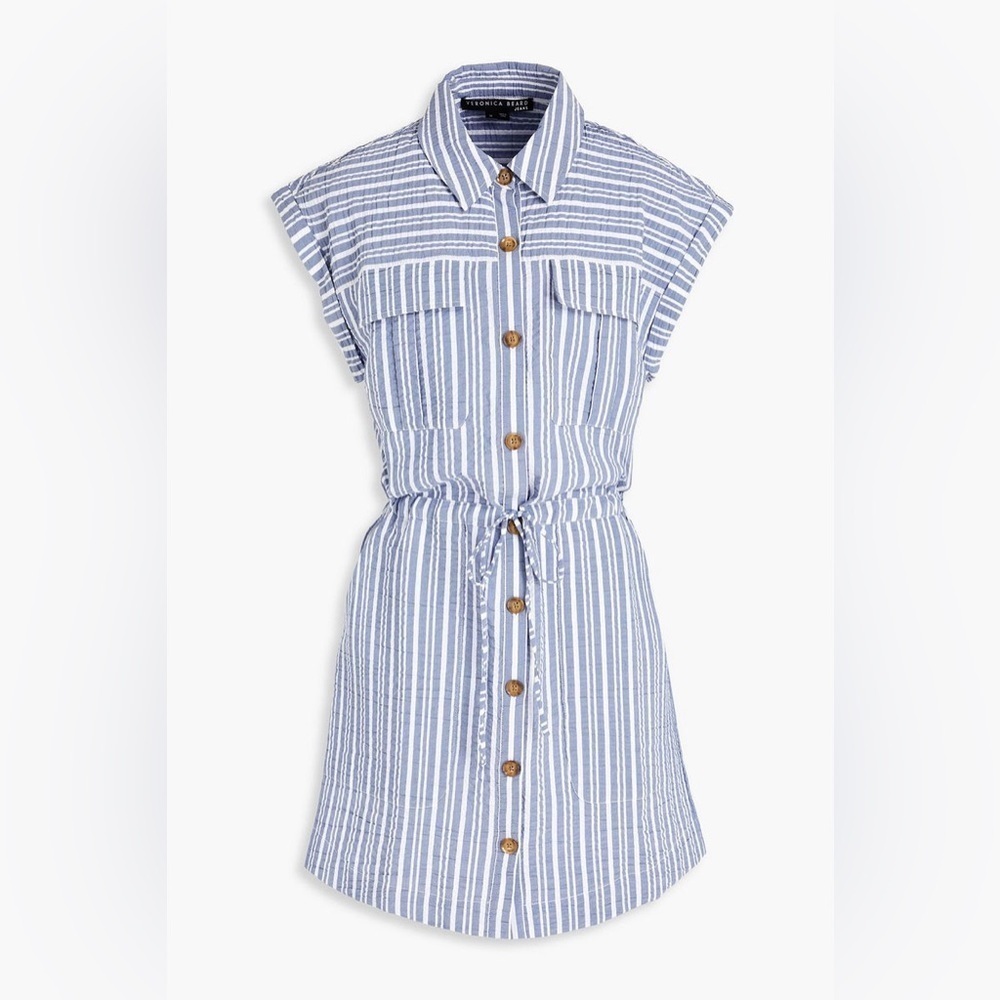 VERONICA BEARD Cris Striped Cotton-Blend Seersucker Mini Shirt Dress PTP 20”